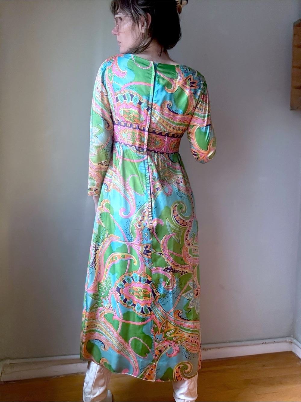 Vintage 60s Psychedelic Maxi Dress | Mod Paisley Empire Waist Gown | Size M - Picture 3 of 12